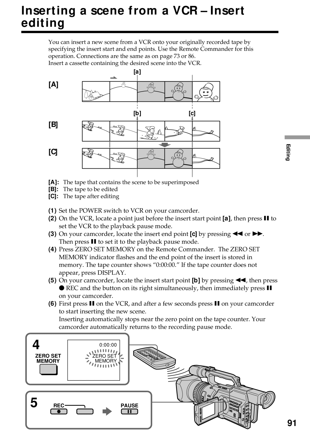 Sony DCR-VX2000 operating instructions Inserting a scene from a VCR Insert editing 