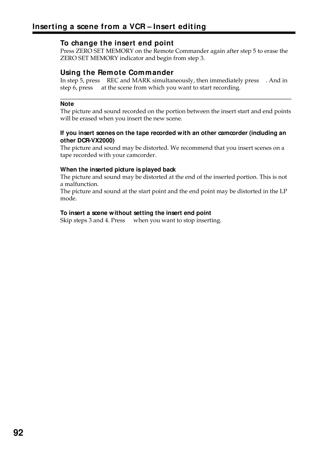 Sony DCR-VX2000 operating instructions Inserting a scene from a VCR Insert editing, To change the insert end point 