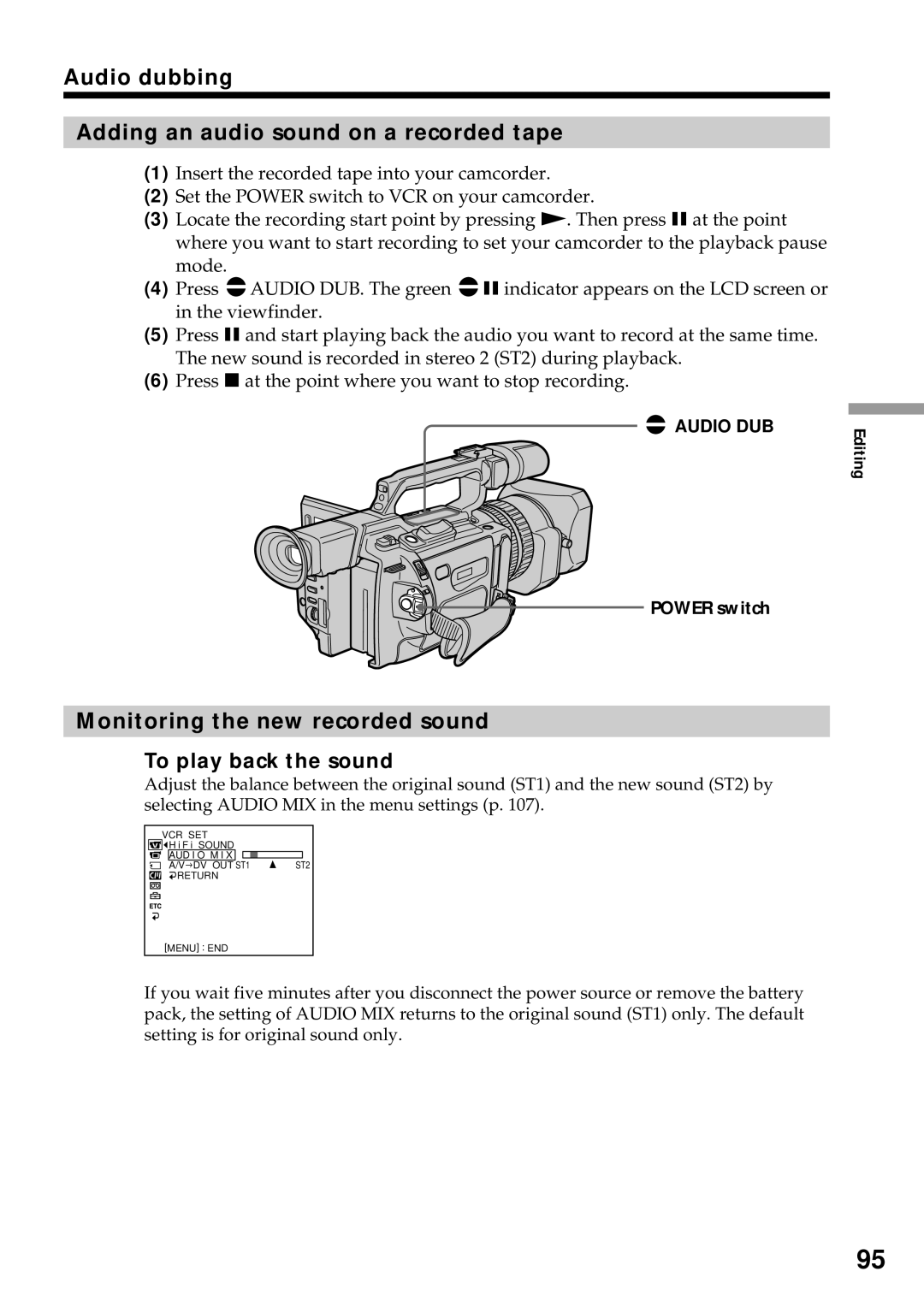 Sony DCR-VX2000 Audio dubbing Adding an audio sound on a recorded tape, Monitoring the new recorded sound, Audio DUB 
