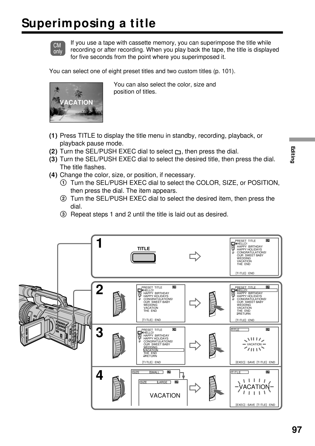 Sony DCR-VX2000 operating instructions Superimposing a title, Vacation 