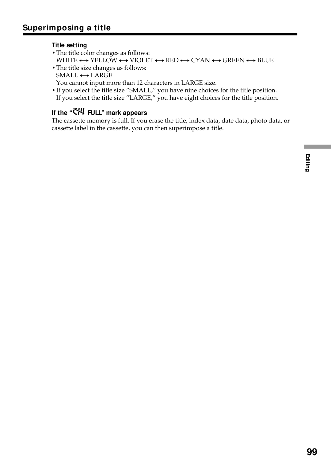 Sony DCR-VX2000 operating instructions Title setting, If the Full mark appears 