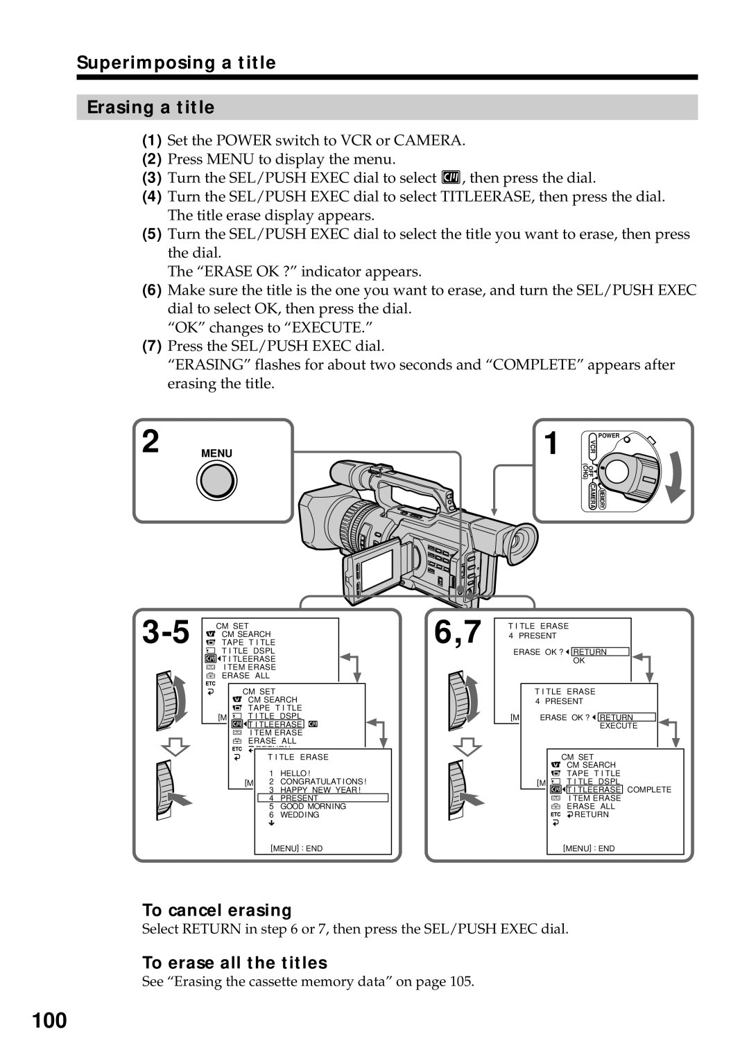 Sony DCR-VX2000 100, Superimposing a title Erasing a title, To cancel erasing, To erase all the titles 