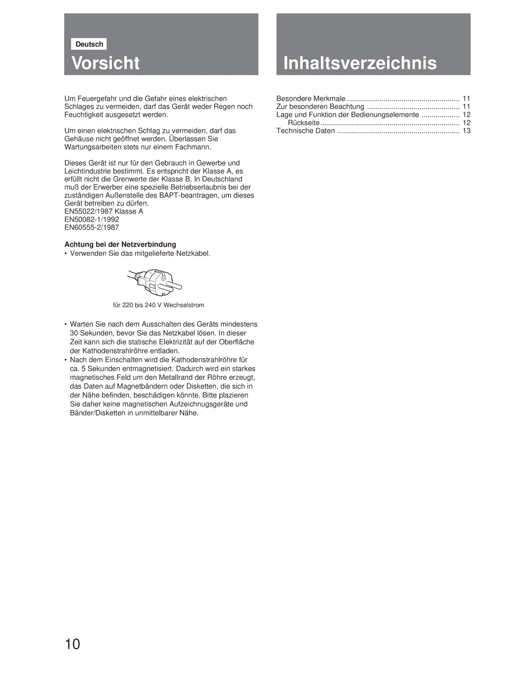 Sony DDM-2800CSU, DDM-2810CSU manual VorsichtInhaltsverzeichnis, Achtung bei der Netzverbindung 