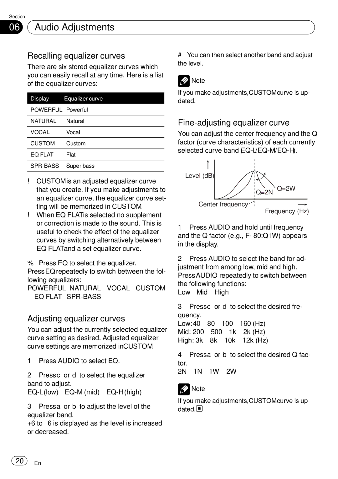 Sony DEH-P2900MP Audio Adjustments, Recalling equalizer curves, Adjusting equalizer curves, Fine-adjusting equalizer curve 