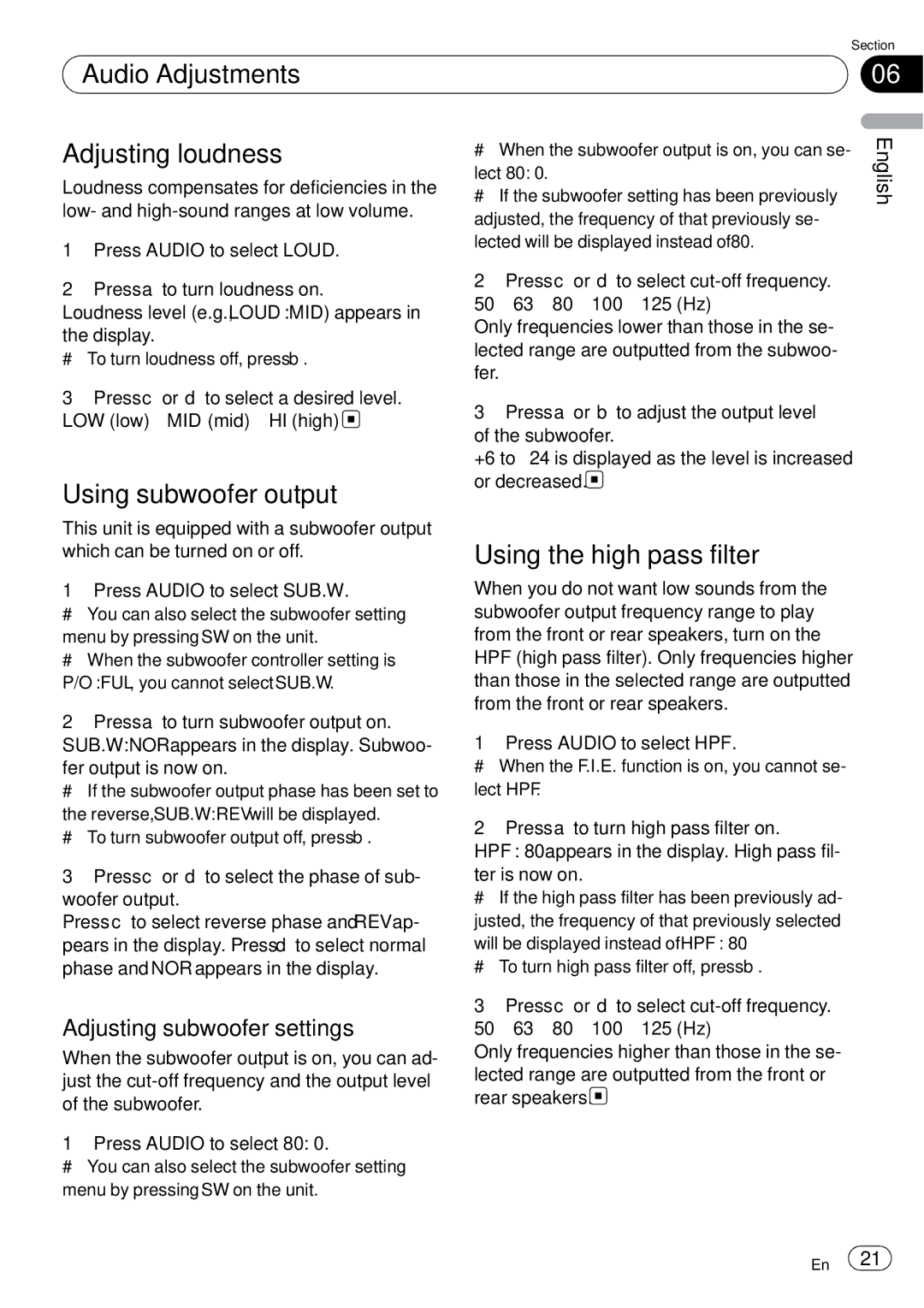 Sony DEH-P2900MP operation manual Audio Adjustments Adjusting loudness, Using subwoofer output, Using the high pass filter 