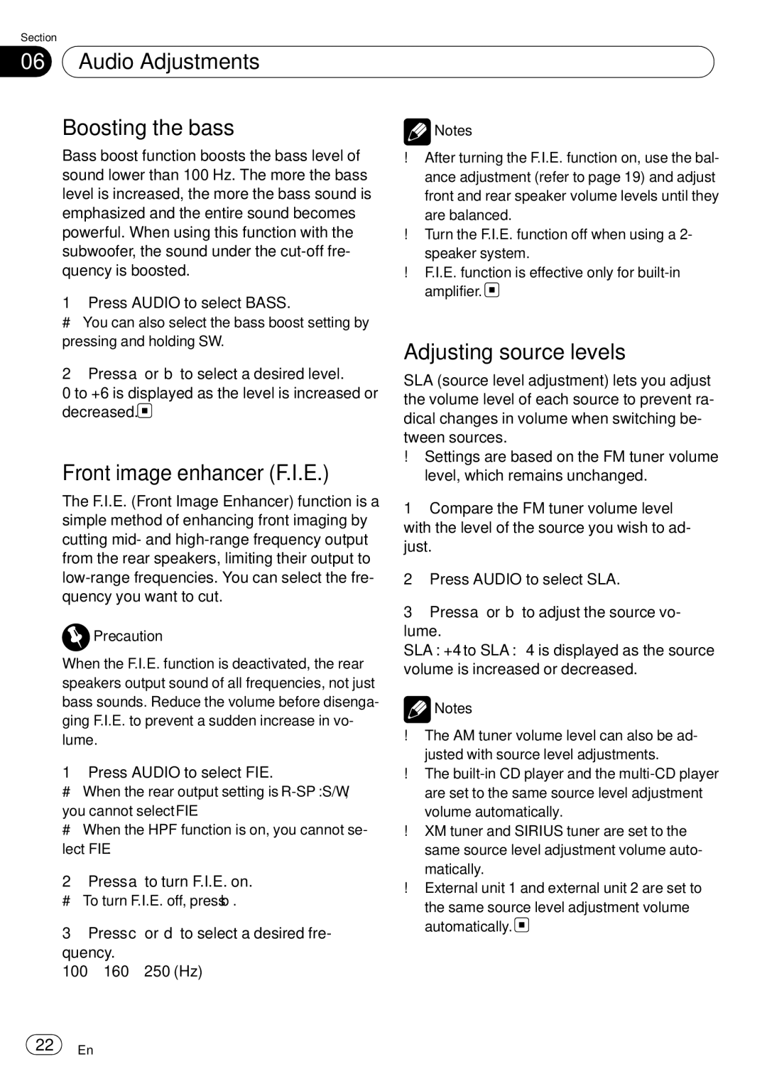 Sony DEH-P2900MP operation manual Audio Adjustments Boosting the bass, Adjusting source levels, Front image enhancer F.I.E 