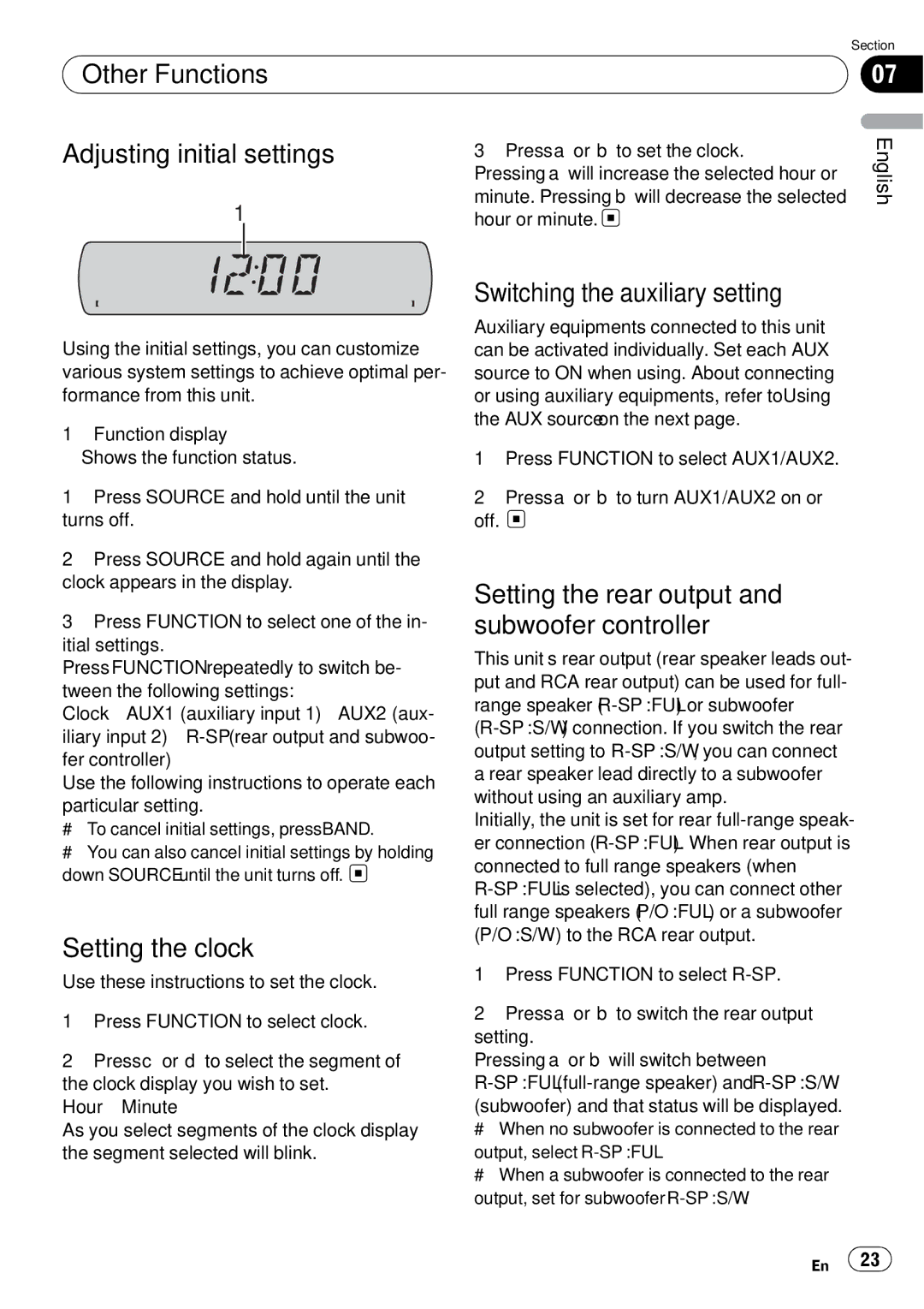 Sony DEH-P2900MP Other Functions Adjusting initial settings, Setting the clock, Switching the auxiliary setting 