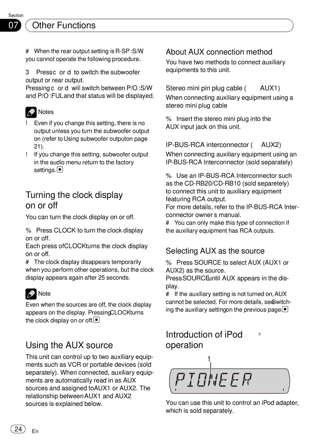 Sony DEH-P2900MP operation manual Other Functions, Turning the clock display on or off, Using the AUX source 