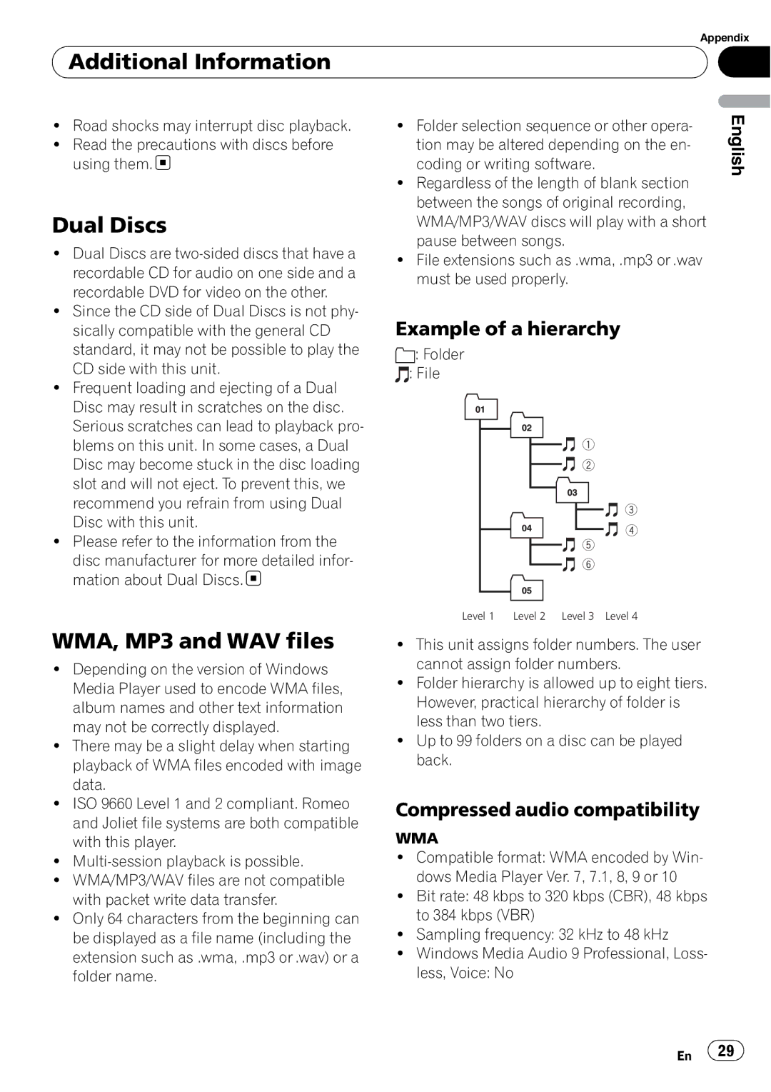 Sony DEH-P2900MP operation manual Additional Information, Dual Discs, WMA, MP3 and WAV files, Example of a hierarchy 