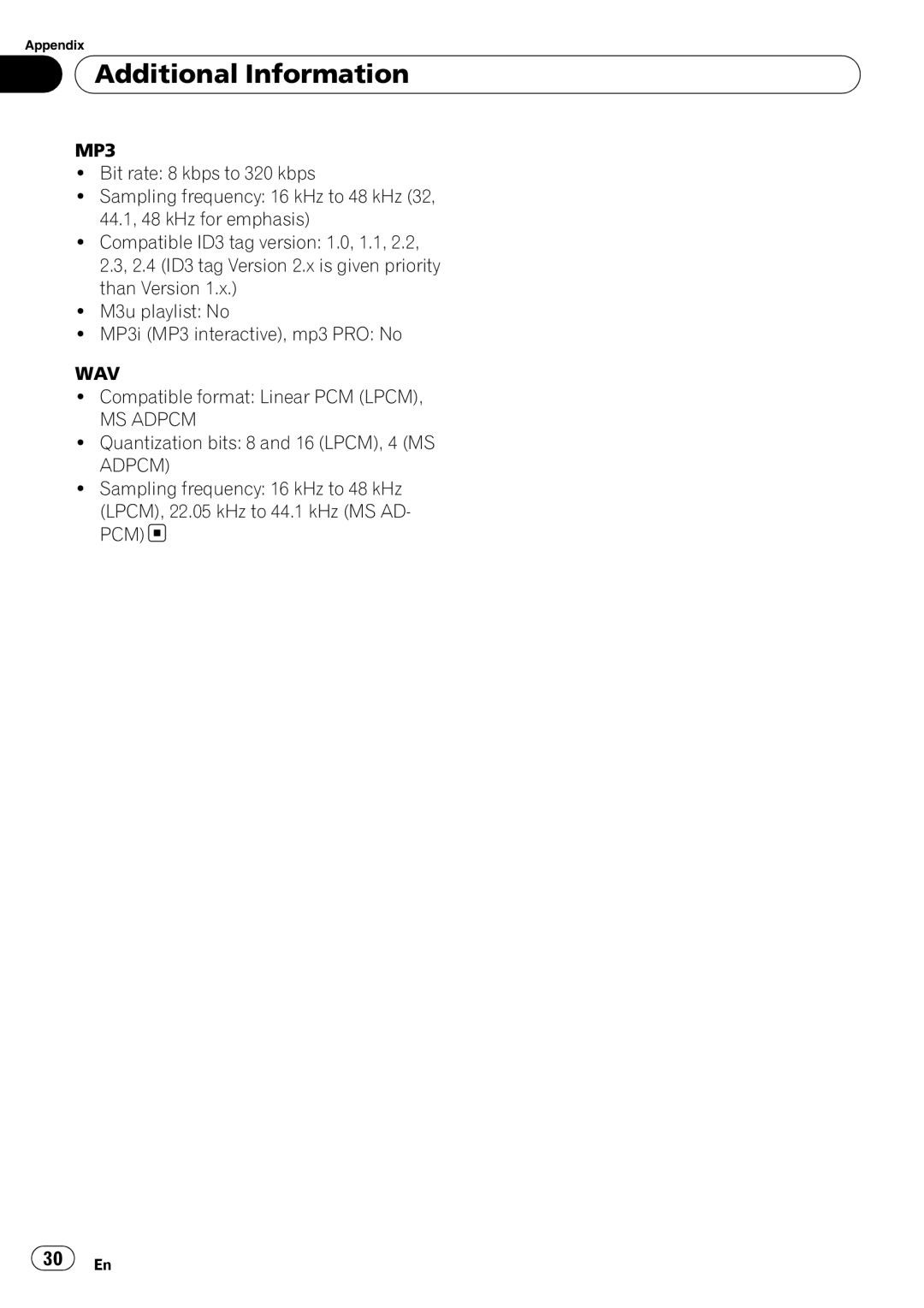 Sony DEH-P2900MP operation manual MP3, Wav, MS Adpcm 