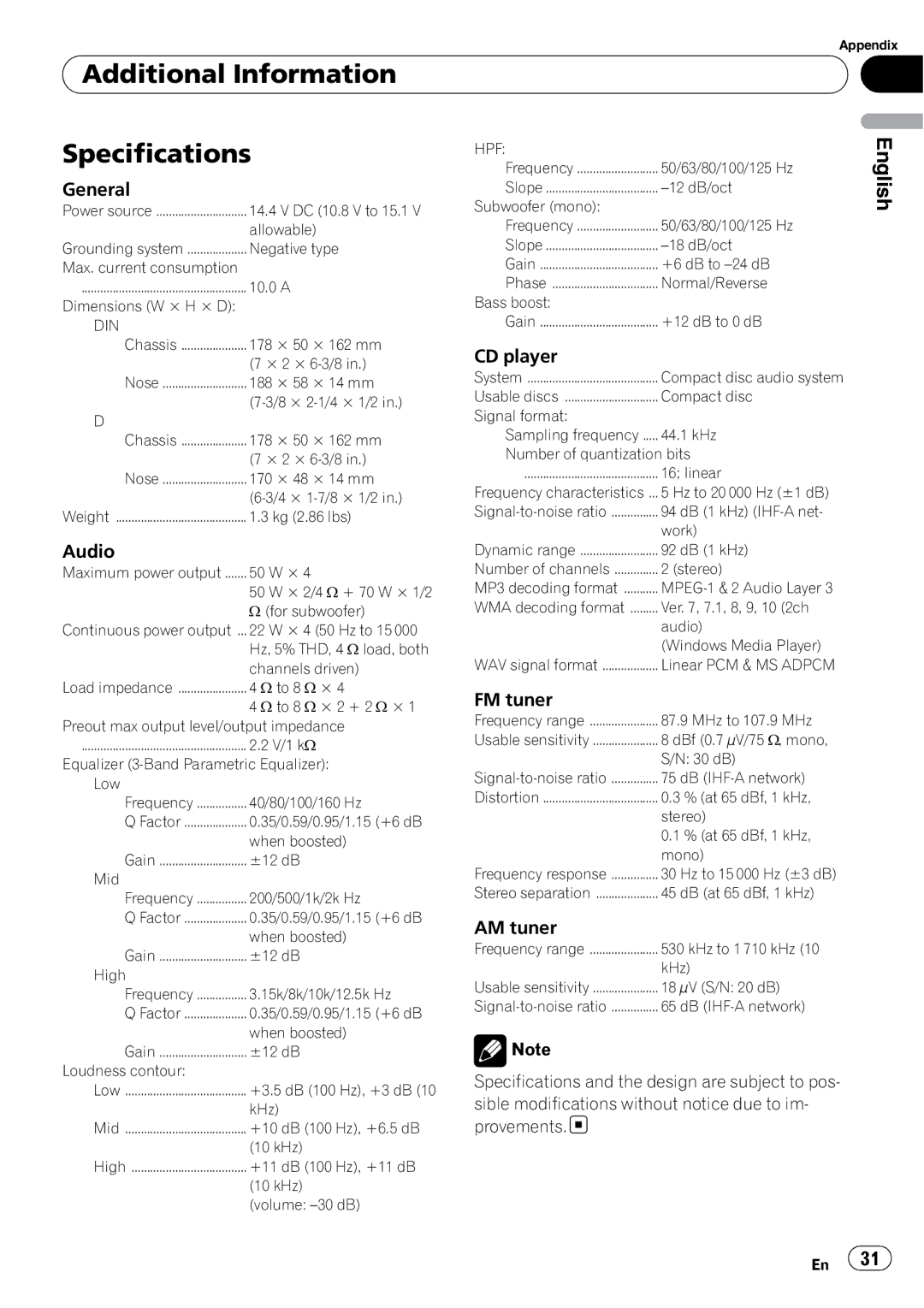 Sony DEH-P2900MP operation manual Additional Information Specifications 