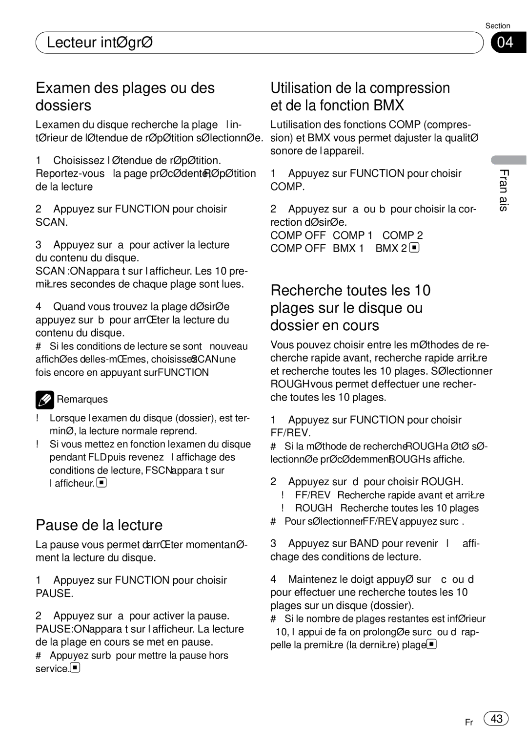 Sony DEH-P2900MP operation manual Lecteur intégré Examen des plages ou des dossiers, Pause de la lecture 