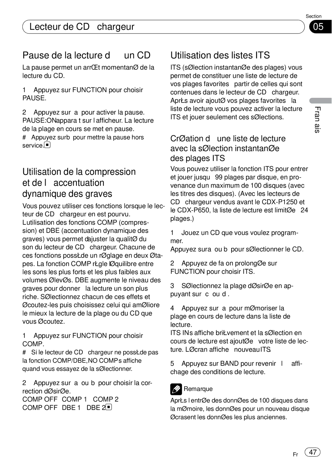 Sony DEH-P2900MP operation manual Lecteur de CD à chargeur Pause de la lecture d’un CD, Utilisation des listes ITS, Comp 