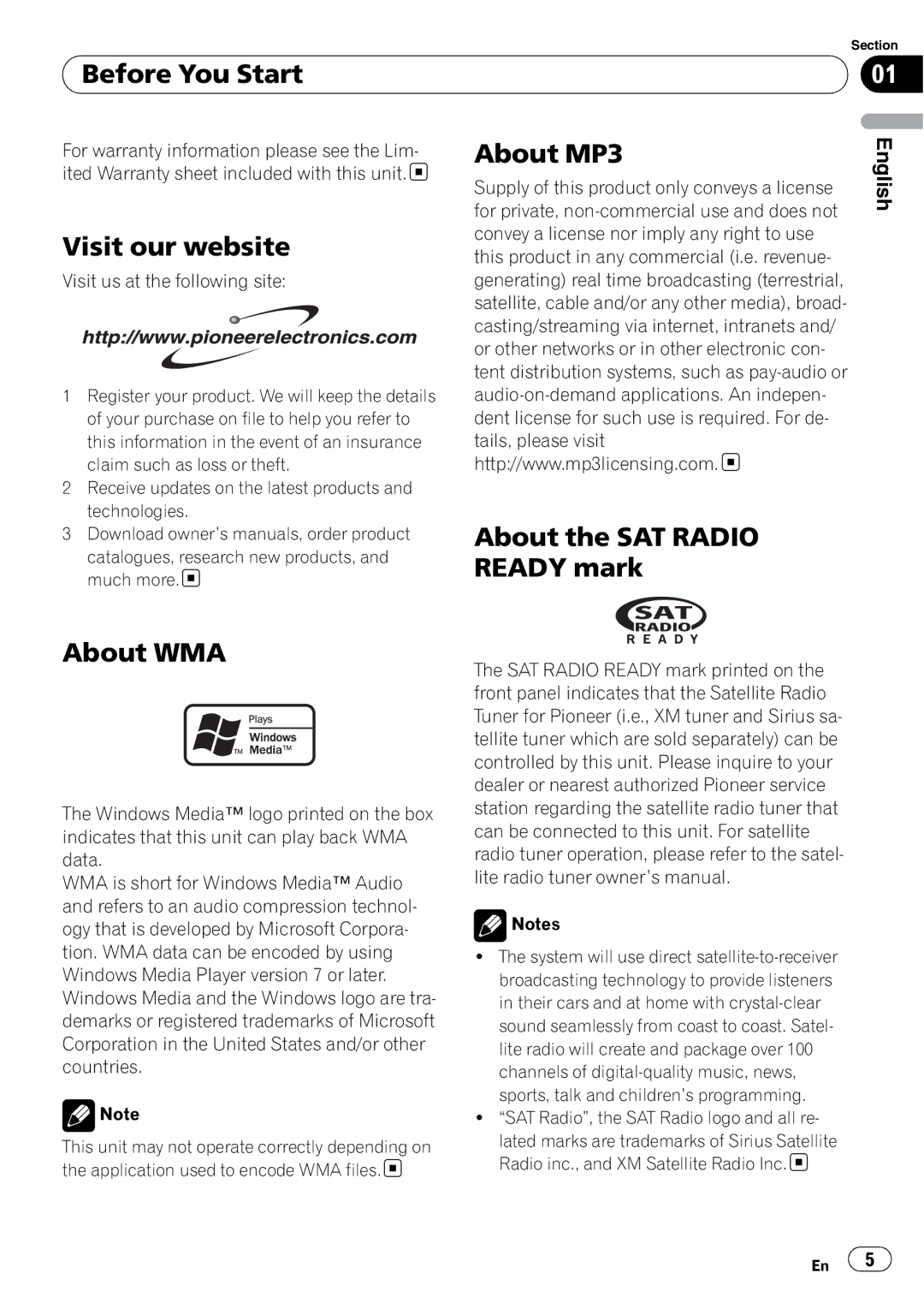 Sony DEH-P2900MP operation manual Before You Start, Visit our website, About WMA, About MP3, About the SAT Radio Ready mark 