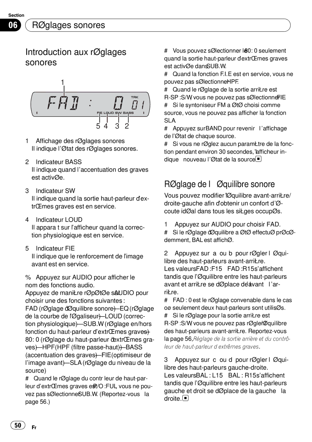 Sony DEH-P2900MP operation manual Réglages sonores Introduction aux réglages, Sonores, Réglage de l’équilibre sonore, Sla 