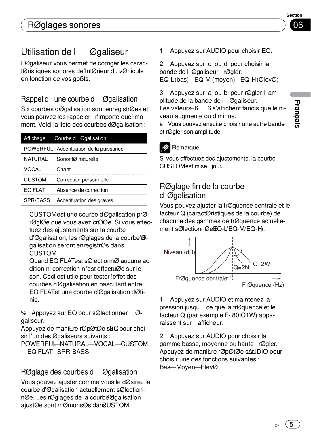 Sony DEH-P2900MP operation manual Réglages sonores Utilisation de l’égaliseur, Rappel d’une courbe d’égalisation, Custom 