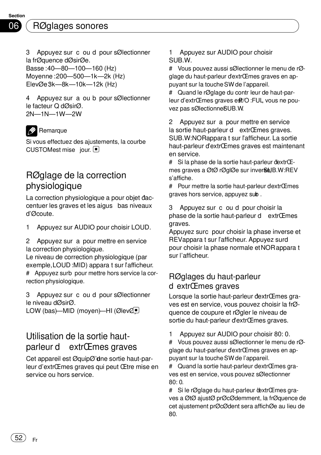 Sony DEH-P2900MP 06 Réglages sonores, Réglage de la correction physiologique, Réglages du haut-parleur d’extrêmes graves 