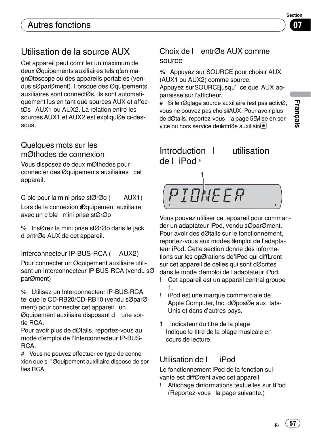 Sony DEH-P2900MP operation manual Autres fonctions Utilisation de la source AUX, Introduction à l’utilisation de l’iPod 