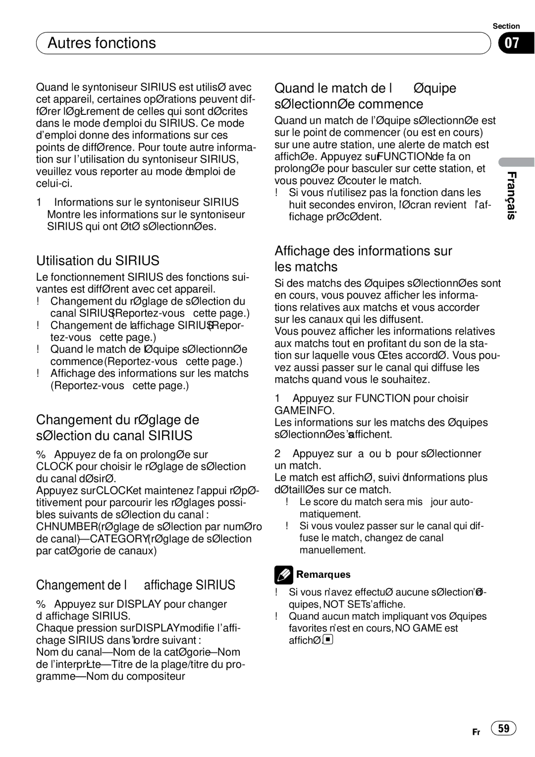 Sony DEH-P2900MP Quand le match de l’équipe sélectionnée commence, Utilisation du Sirius, Changement de l’affichage Sirius 