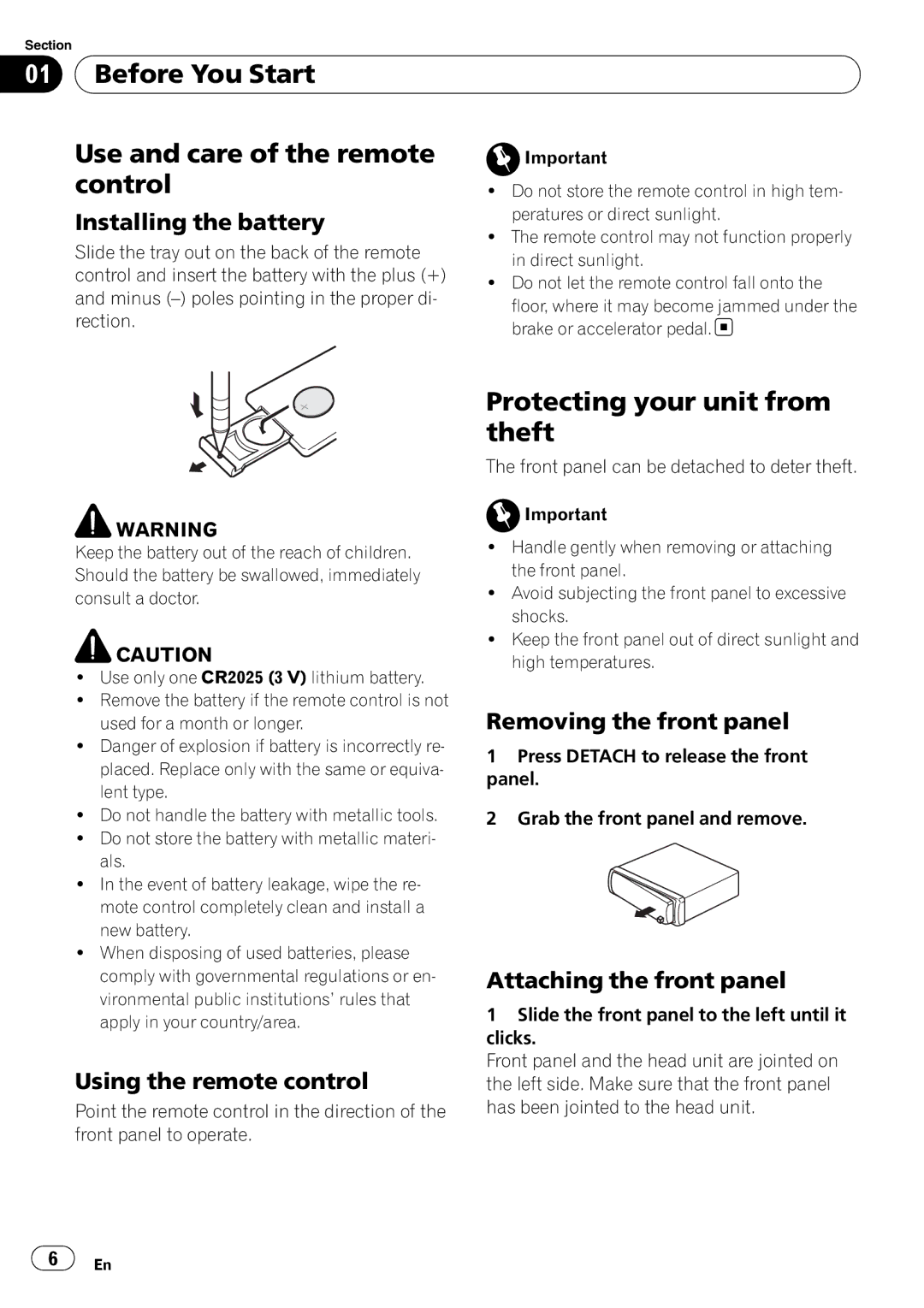 Sony DEH-P2900MP operation manual Before You Start Use and care of the remote Control, Protecting your unit from theft 