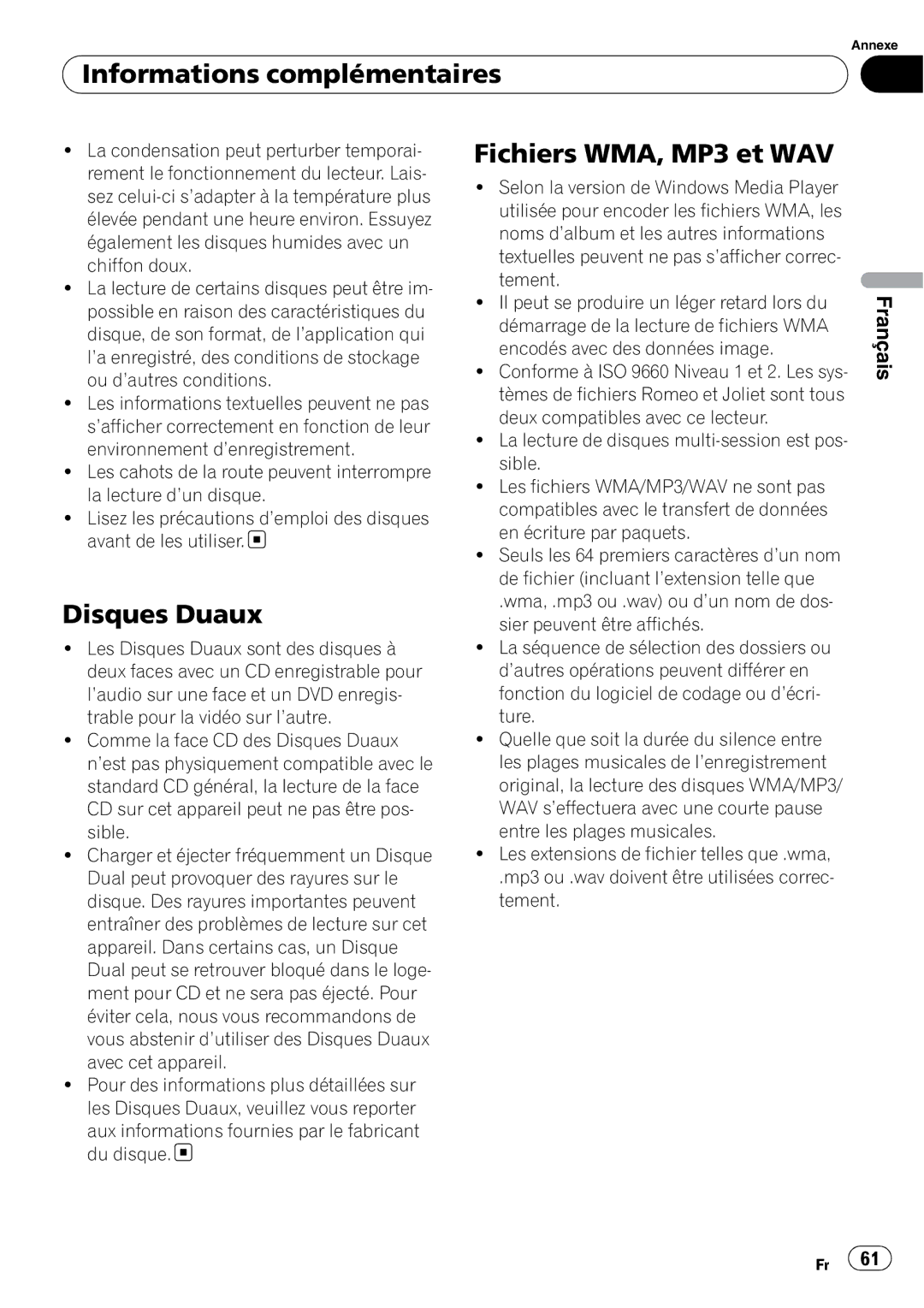 Sony DEH-P2900MP operation manual Informations complémentaires, Disques Duaux, Fichiers WMA, MP3 et WAV 