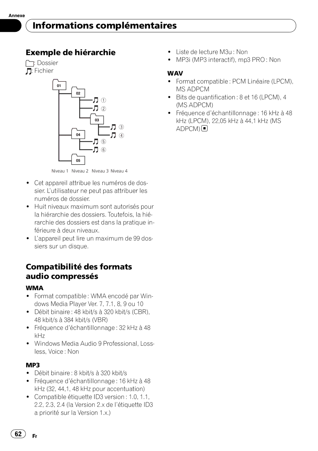 Sony DEH-P2900MP operation manual Exemple de hiérarchie, Compatibilité des formats audio compressés, Dossier Fichier 