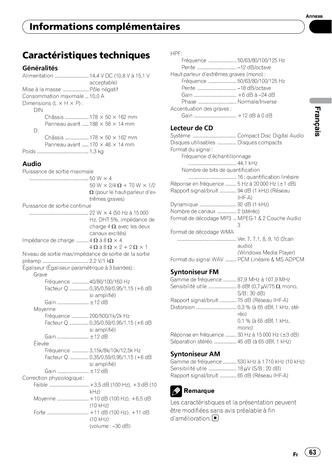 Sony DEH-P2900MP Informations complémentaires Caractéristiques techniques, Généralités, Lecteur de CD, Syntoniseur FM 