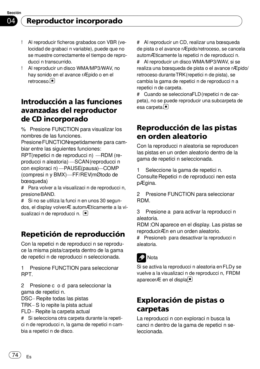 Sony DEH-P2900MP Reproductor incorporado, Repetición de reproducción, Reproducción de las pistas en orden aleatorio 