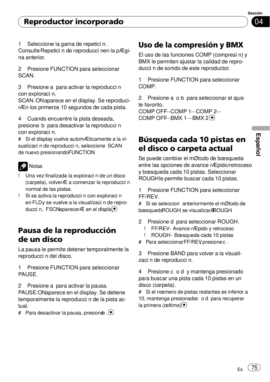 Sony DEH-P2900MP operation manual Pausa de la reproducción de un disco, Uso de la compresión y BMX 