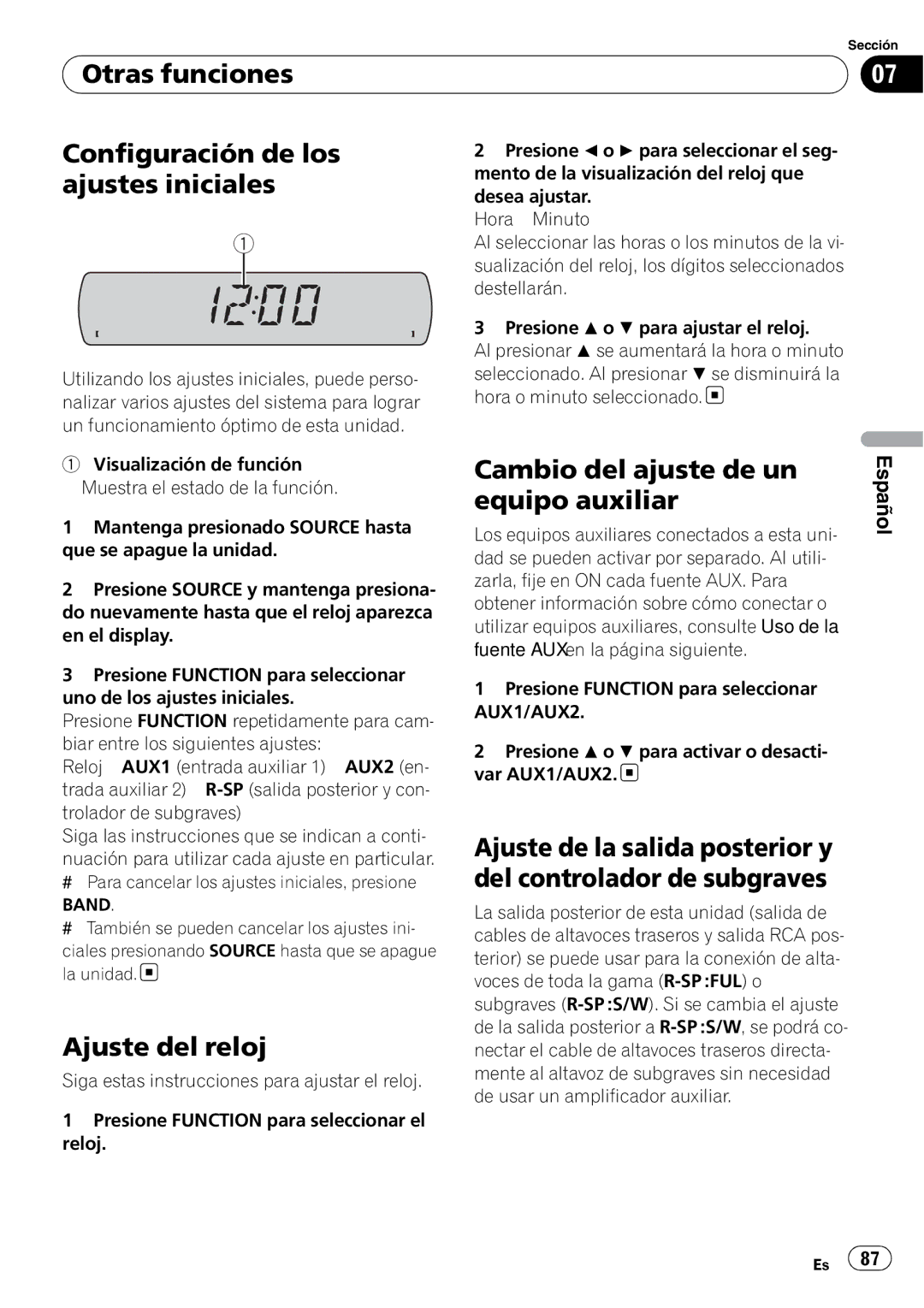 Sony DEH-P2900MP operation manual Otras funciones Configuración de los ajustes iniciales, Ajuste del reloj 