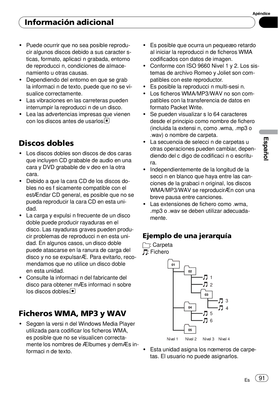 Sony DEH-P2900MP operation manual Información adicional, Discos dobles, Ficheros WMA, MP3 y WAV, Ejemplo de una jerarquía 