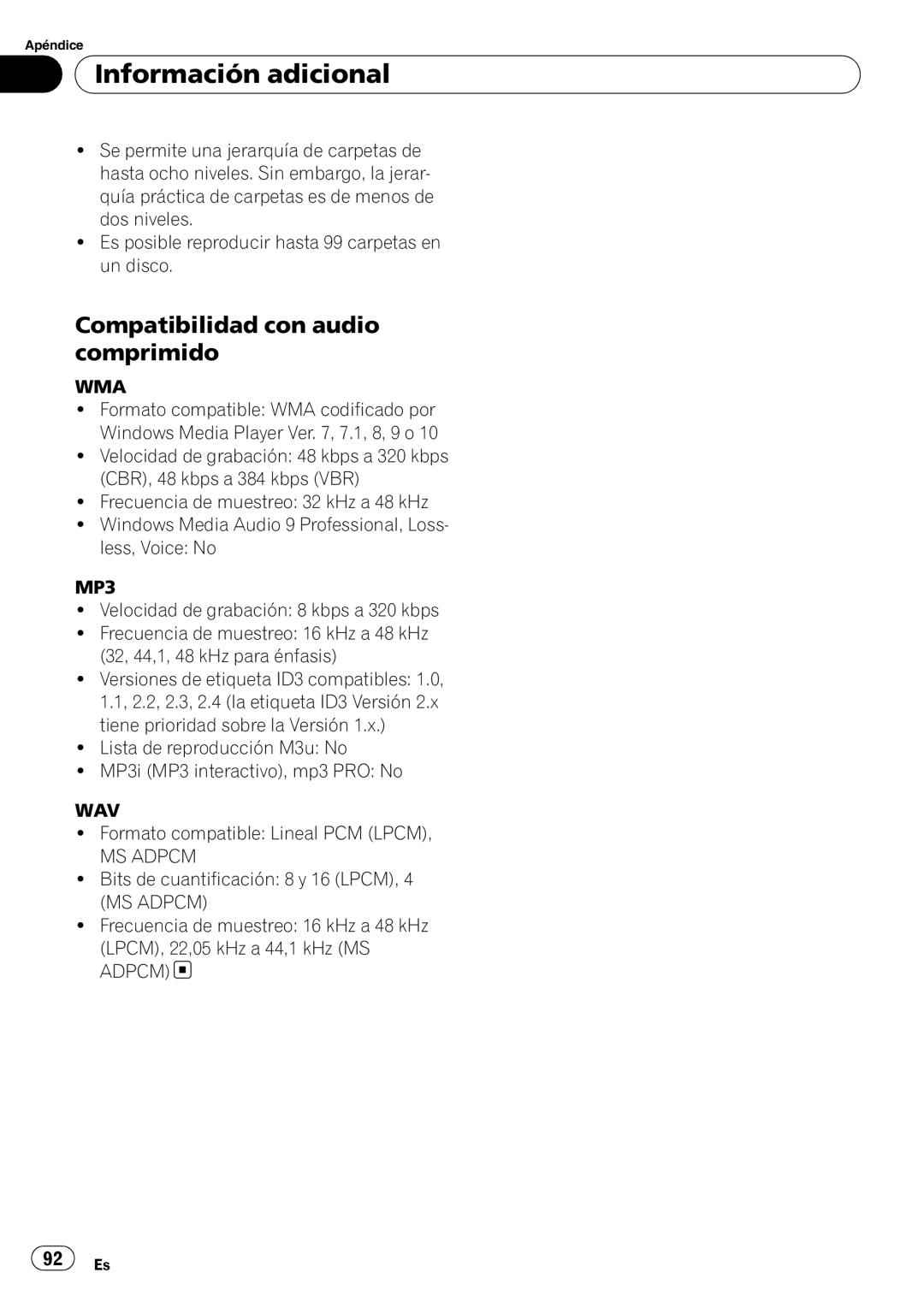 Sony DEH-P2900MP operation manual Compatibilidad con audio comprimido, Formato compatible Lineal PCM Lpcm 