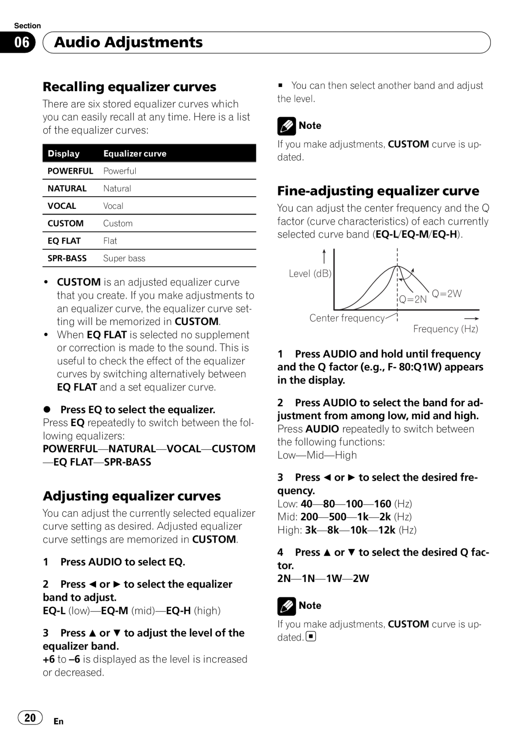 Sony DEH-P2900MP operation manual 06Audio Adjustments, Recalling equalizer curves, Adjusting equalizer curves 