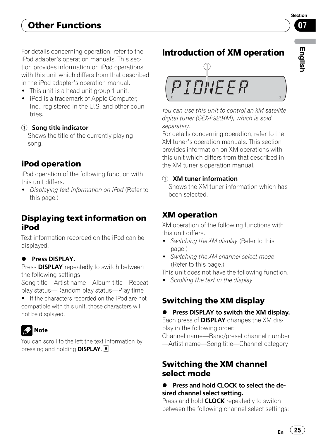Sony DEH-P2900MP Introduction of XM operation, iPod operation, Displaying text information on iPod, Other Functions 