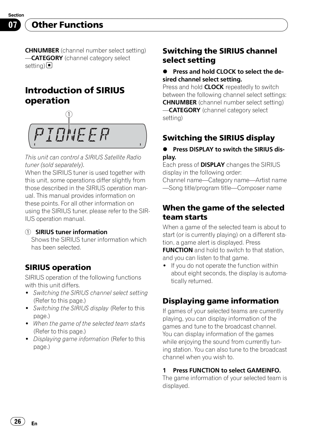 Sony DEH-P2900MP 07Other Functions, Introduction of SIRIUS operation, Switching the SIRIUS channel select setting 