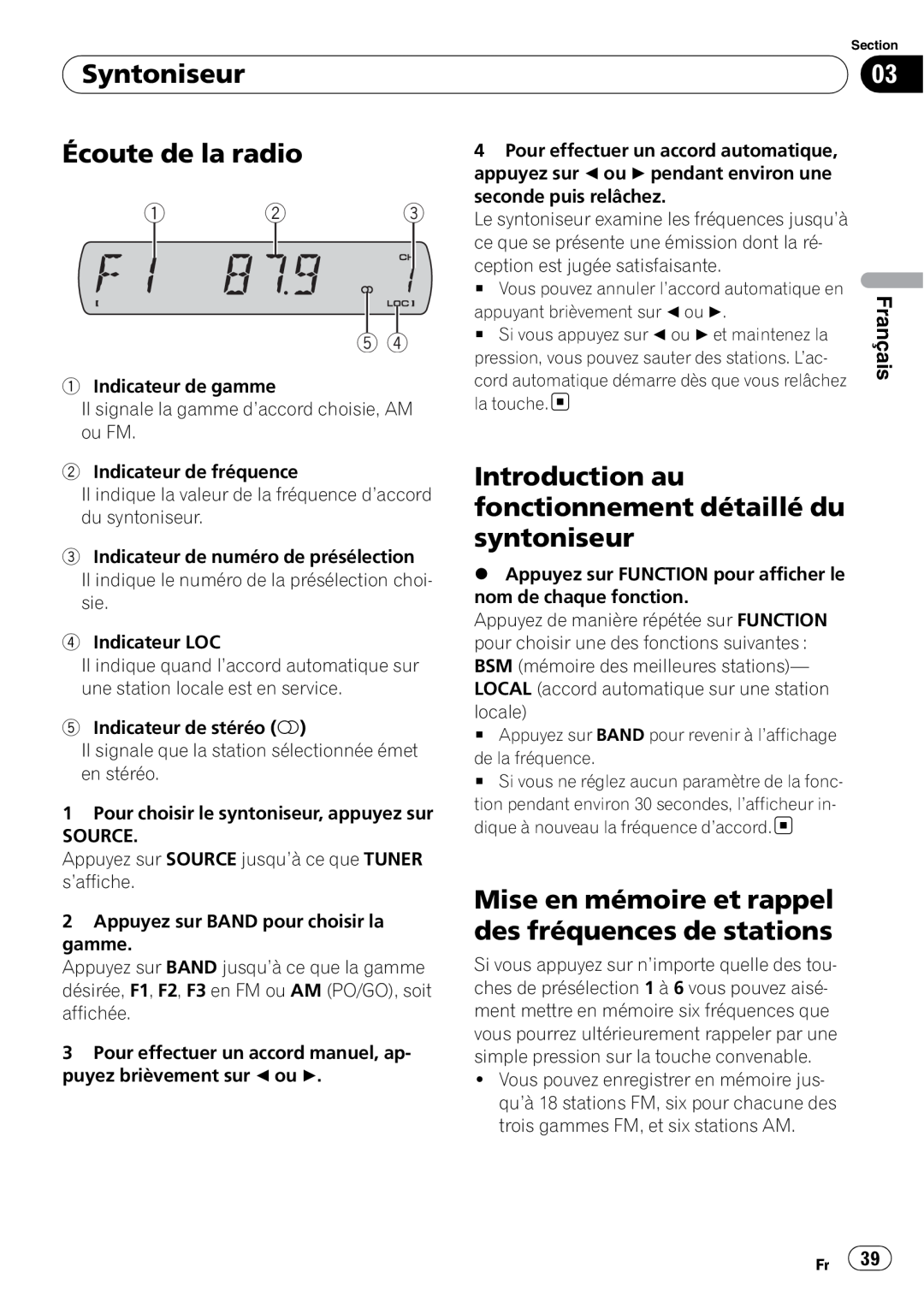 Sony DEH-P2900MP operation manual Syntoniseur, Écoute de la radio, Français 
