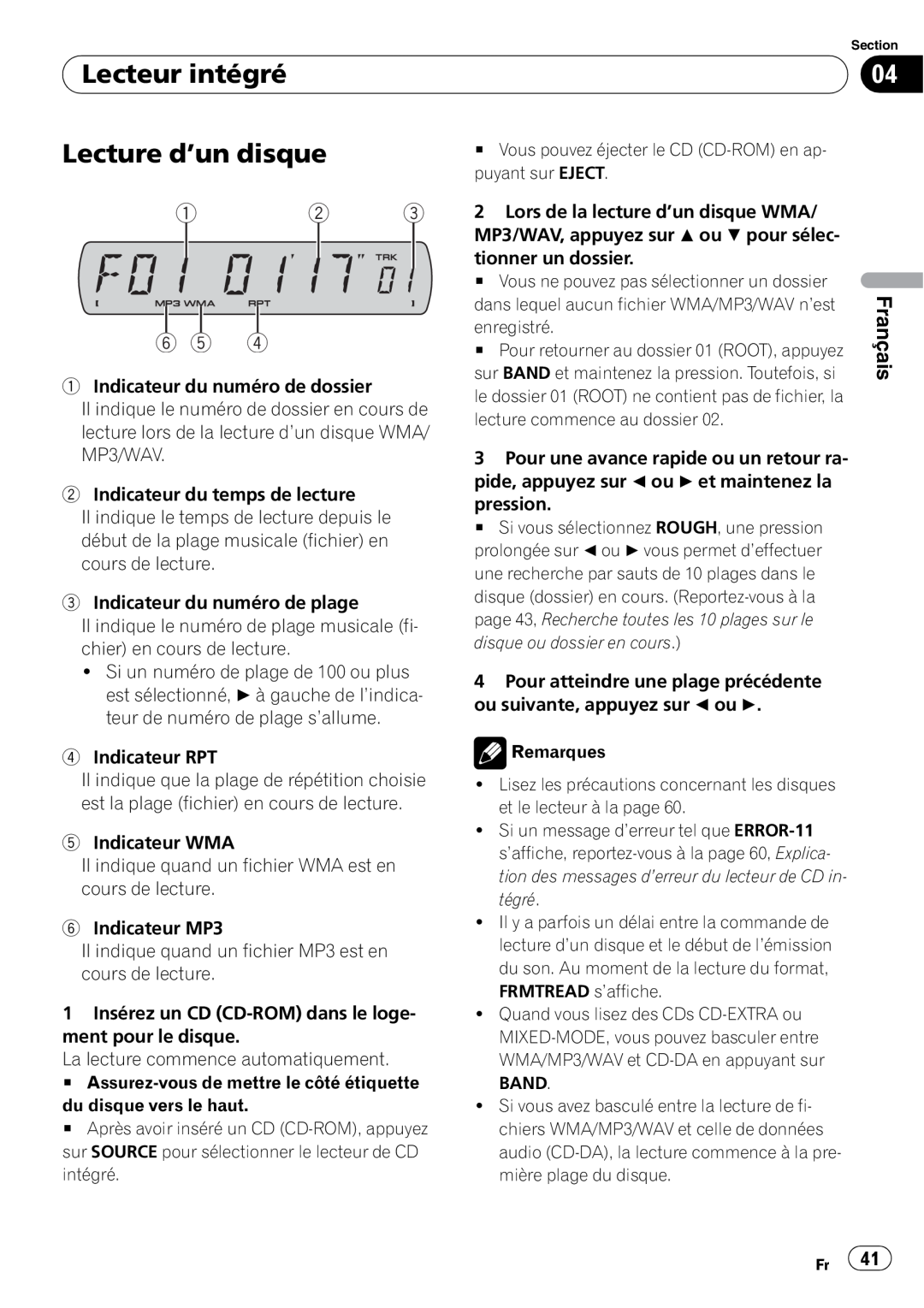 Sony DEH-P2900MP operation manual Lecteur intégré, Lecture d’un disque, 1 2 6 5, Français 