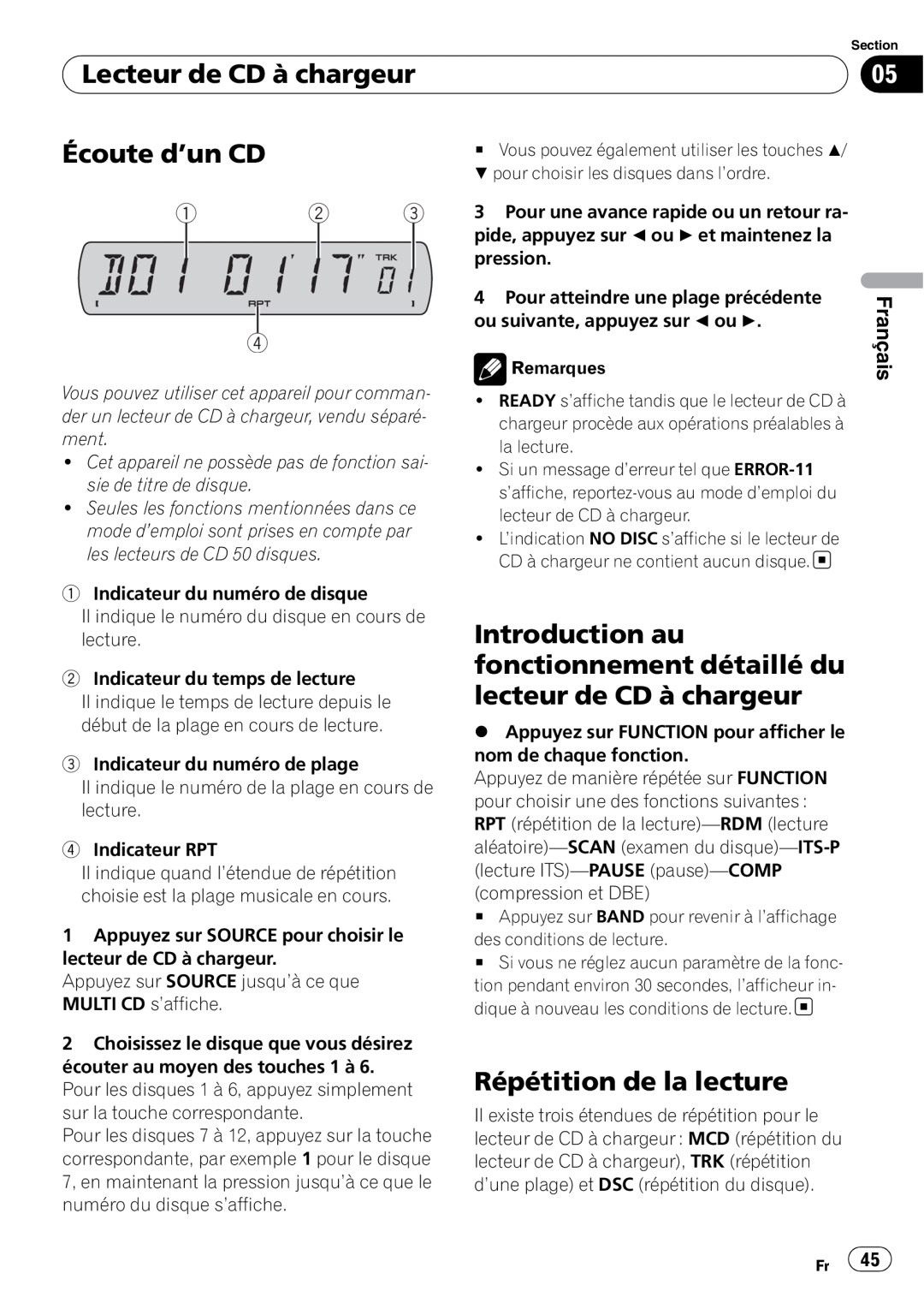 Sony DEH-P2900MP operation manual Lecteur de CD à chargeur, Écoute d’un CD, Répétition de la lecture, Français 
