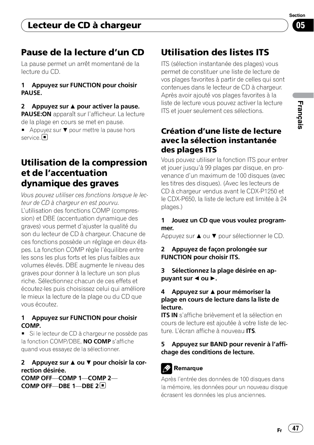Sony DEH-P2900MP Pause de la lecture d’un CD, Utilisation des listes ITS, Lecteur de CD à chargeur, Français 