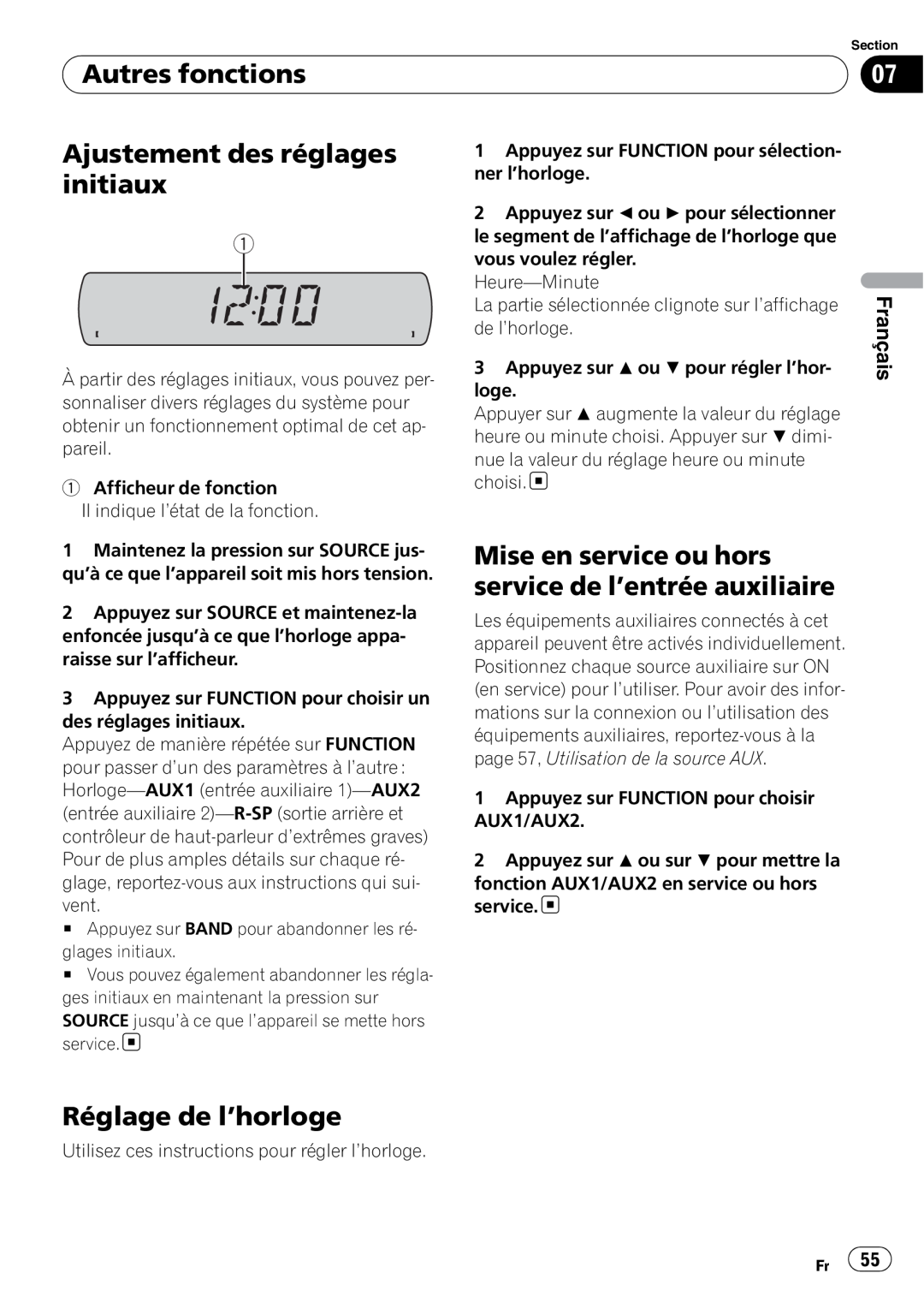 Sony DEH-P2900MP operation manual Autres fonctions, Ajustement des réglages initiaux, Réglage de l’horloge, Français 