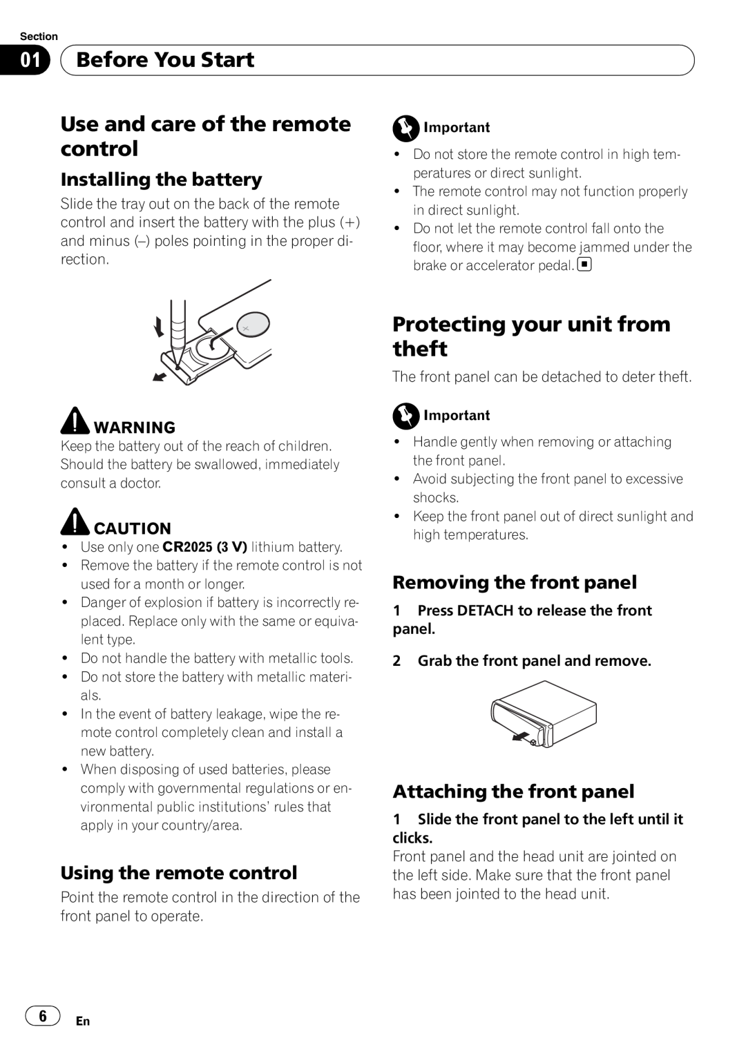 Sony DEH-P2900MP operation manual Before You Start, Use and care of the remote, control, Protecting your unit from theft 