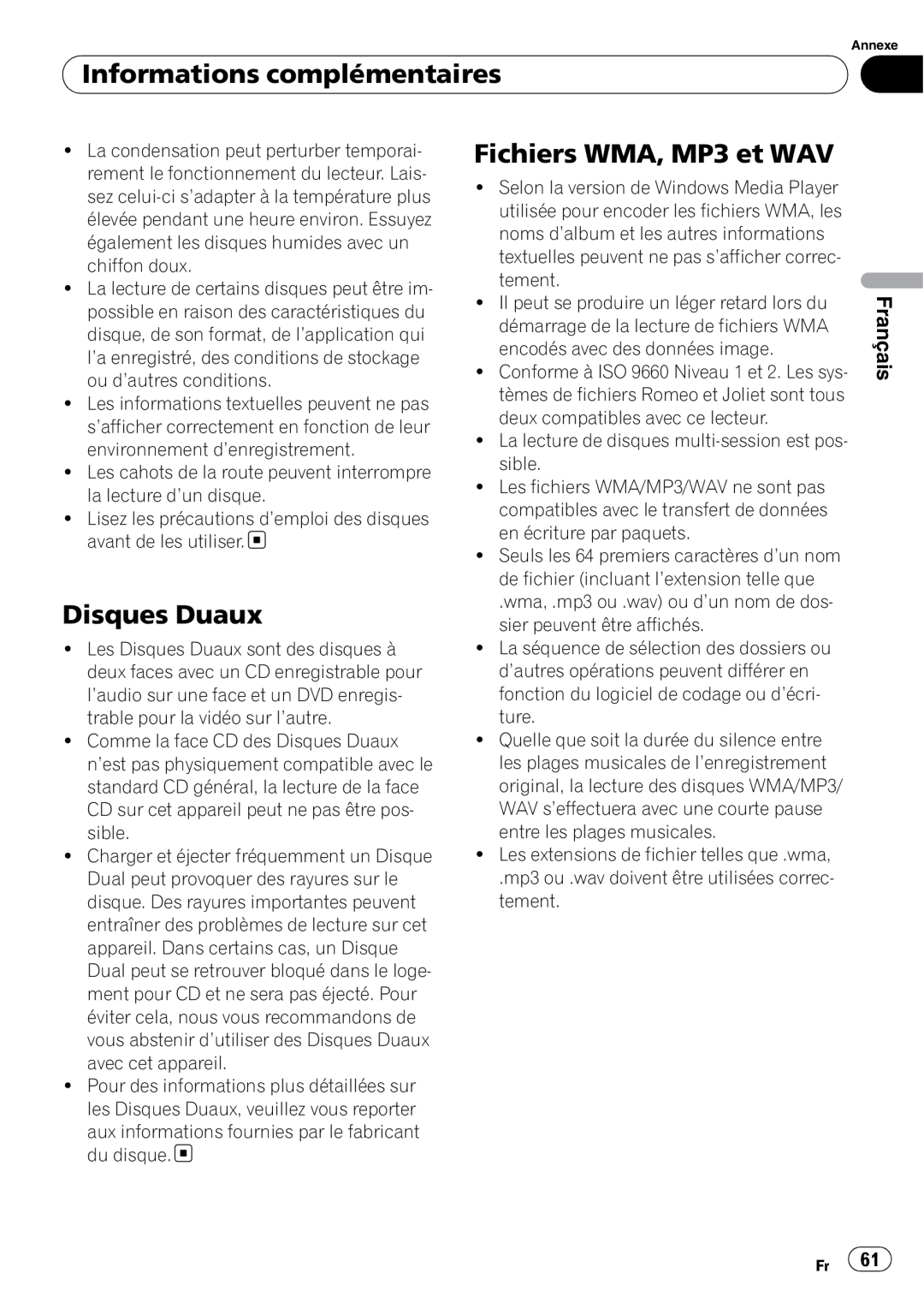 Sony DEH-P2900MP operation manual Disques Duaux, Fichiers WMA, MP3 et WAV, Informations complémentaires, Français 