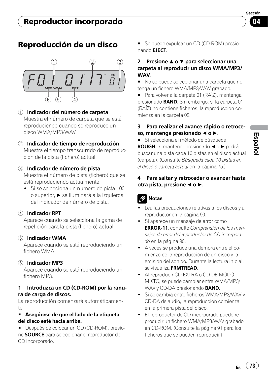 Sony DEH-P2900MP operation manual Reproductor incorporado, Reproducción de un disco, 1 2 6 5, Español 
