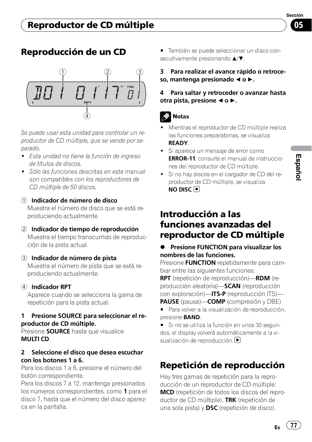 Sony DEH-P2900MP Reproductor de CD múltiple, Reproducción de un CD, Repetición de reproducción, 1 2, Español 