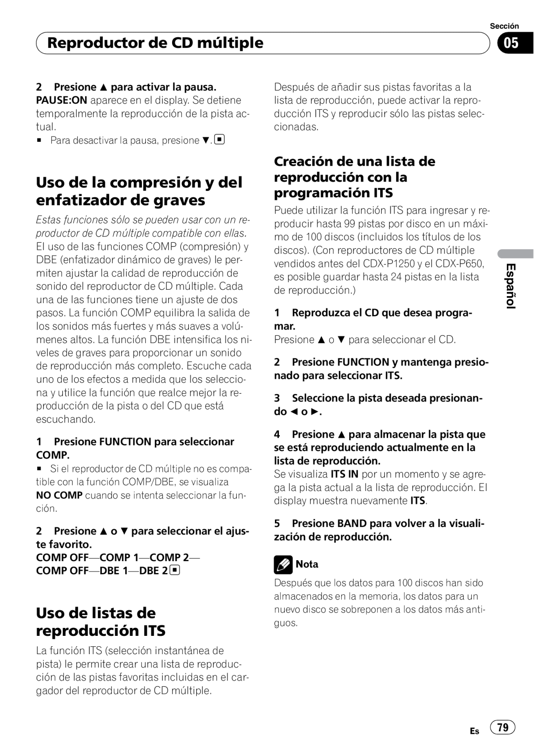 Sony DEH-P2900MP Uso de la compresión y del enfatizador de graves, Uso de listas de reproducción ITS, Español 