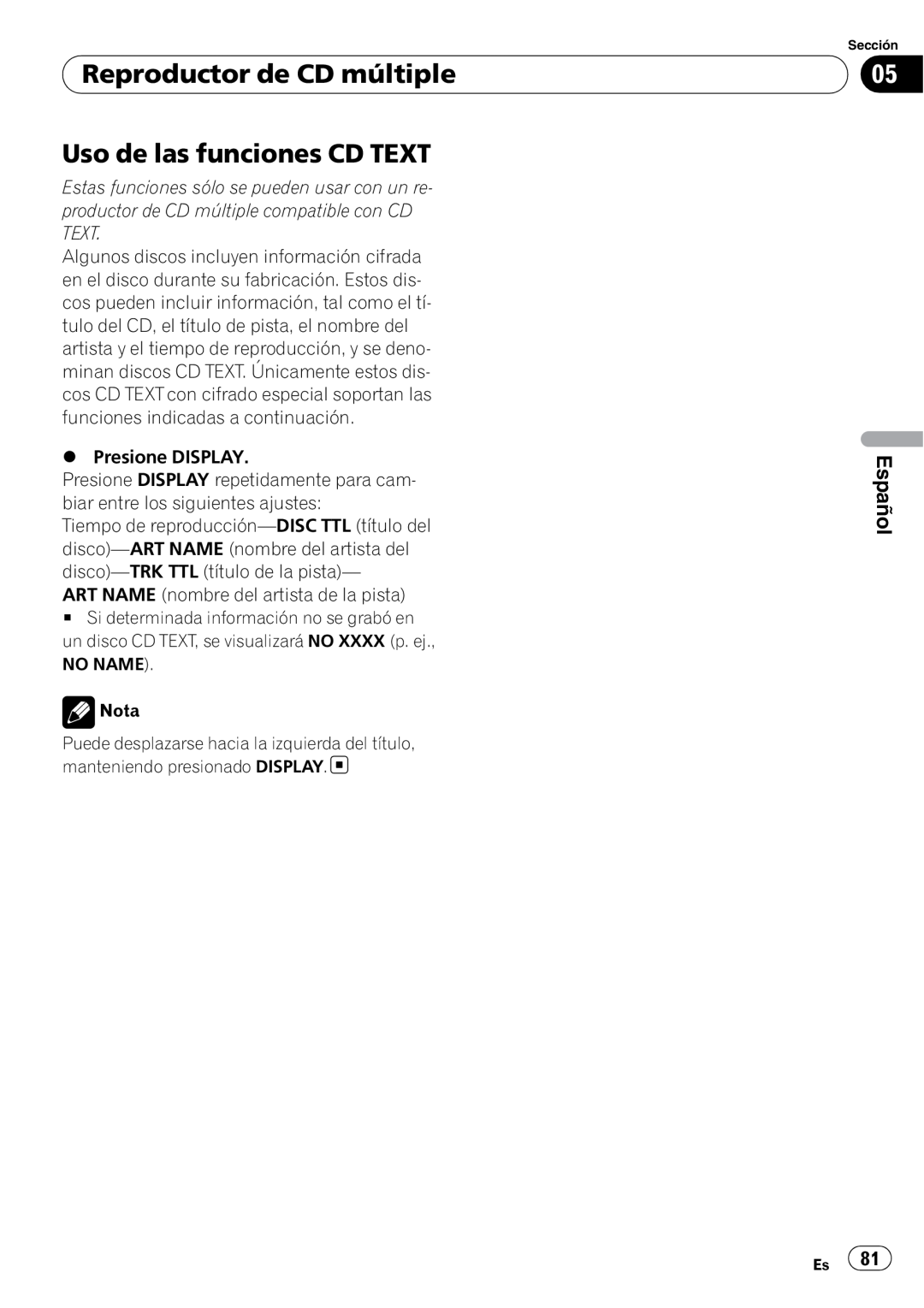Sony DEH-P2900MP operation manual Uso de las funciones CD TEXT, Reproductor de CD múltiple, Español 