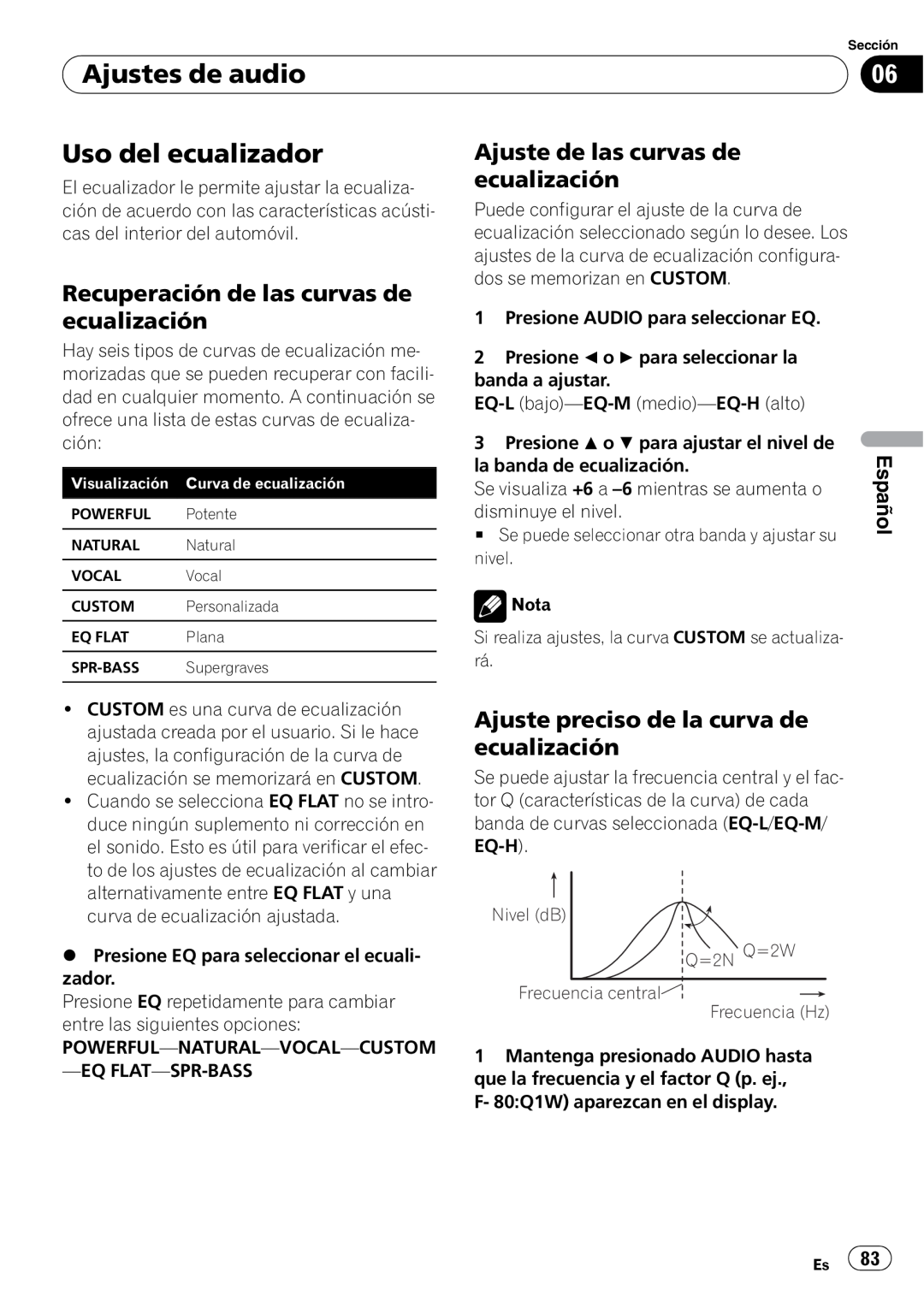 Sony DEH-P2900MP Ajustes de audio, Uso del ecualizador, Recuperación de las curvas de ecualización, Español 