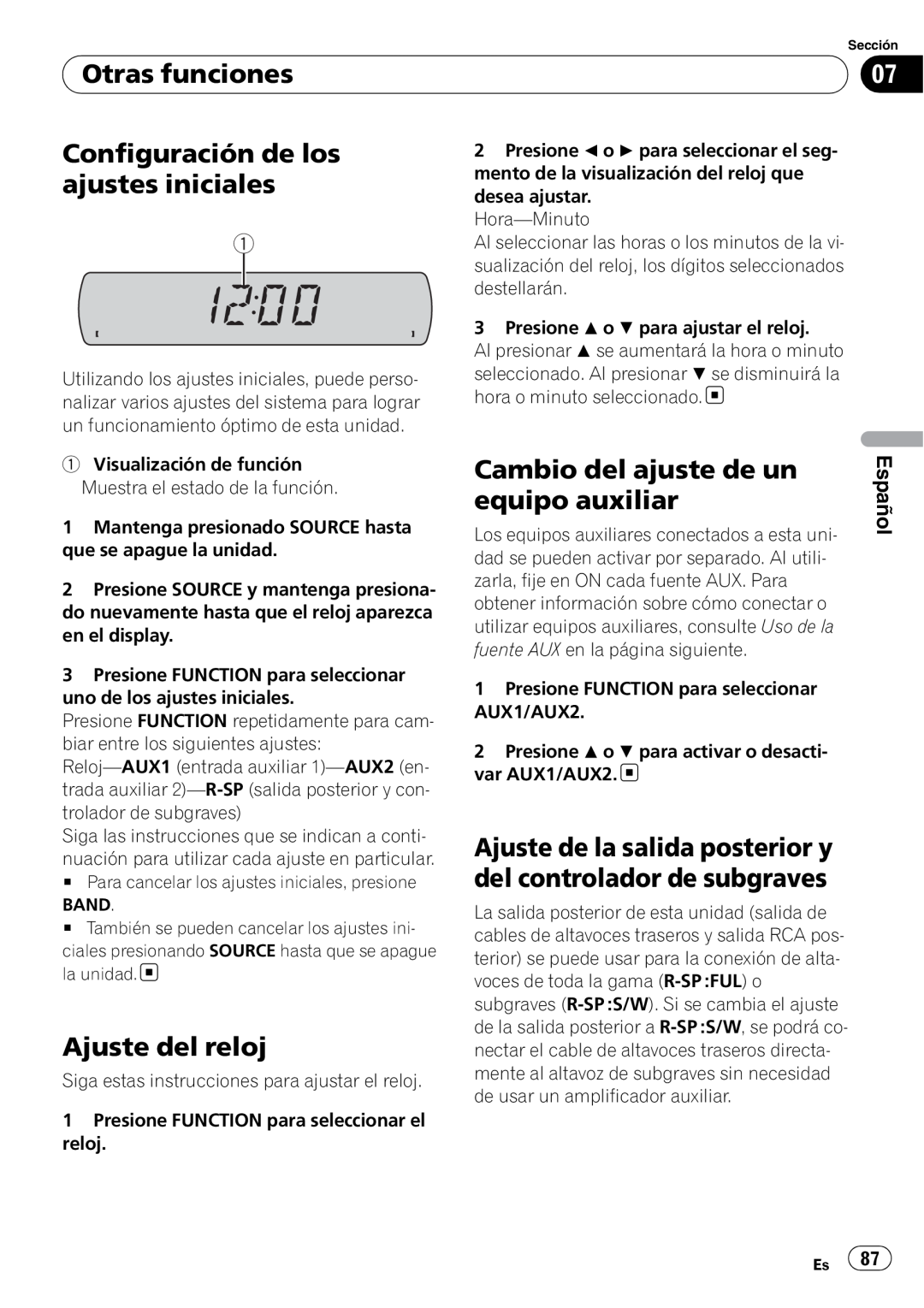 Sony DEH-P2900MP operation manual Otras funciones, Configuración de los ajustes iniciales, Ajuste del reloj, Español 