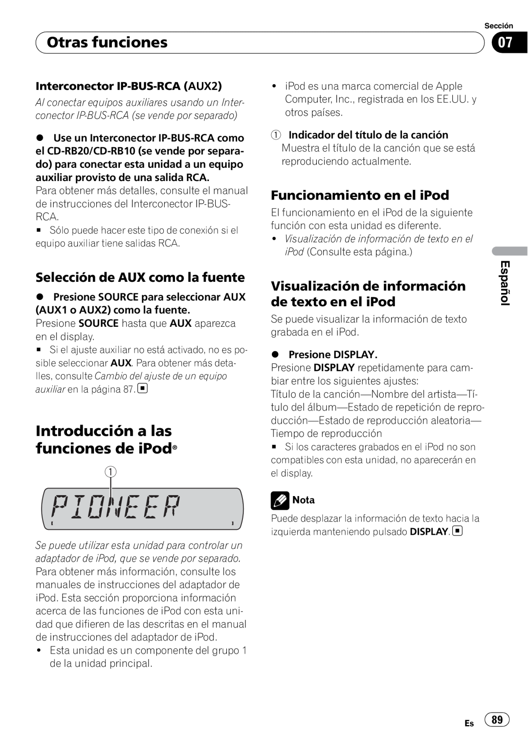 Sony DEH-P2900MP Introducción a las funciones de iPod, Funcionamiento en el iPod, Selección de AUX como la fuente, Español 