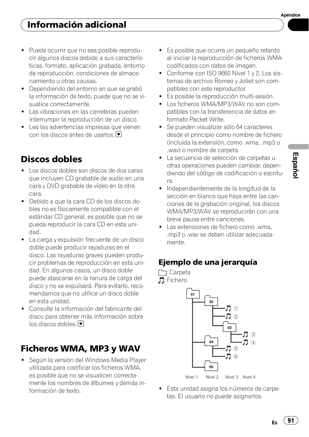 Sony DEH-P2900MP operation manual Discos dobles, Ficheros WMA, MP3 y WAV, Ejemplo de una jerarquía, Información adicional 